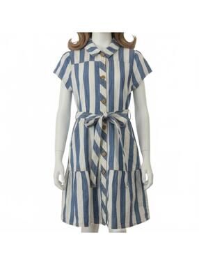 DRESS Blue and White Striped Button-Up Dress with Belt size M by wonder nation